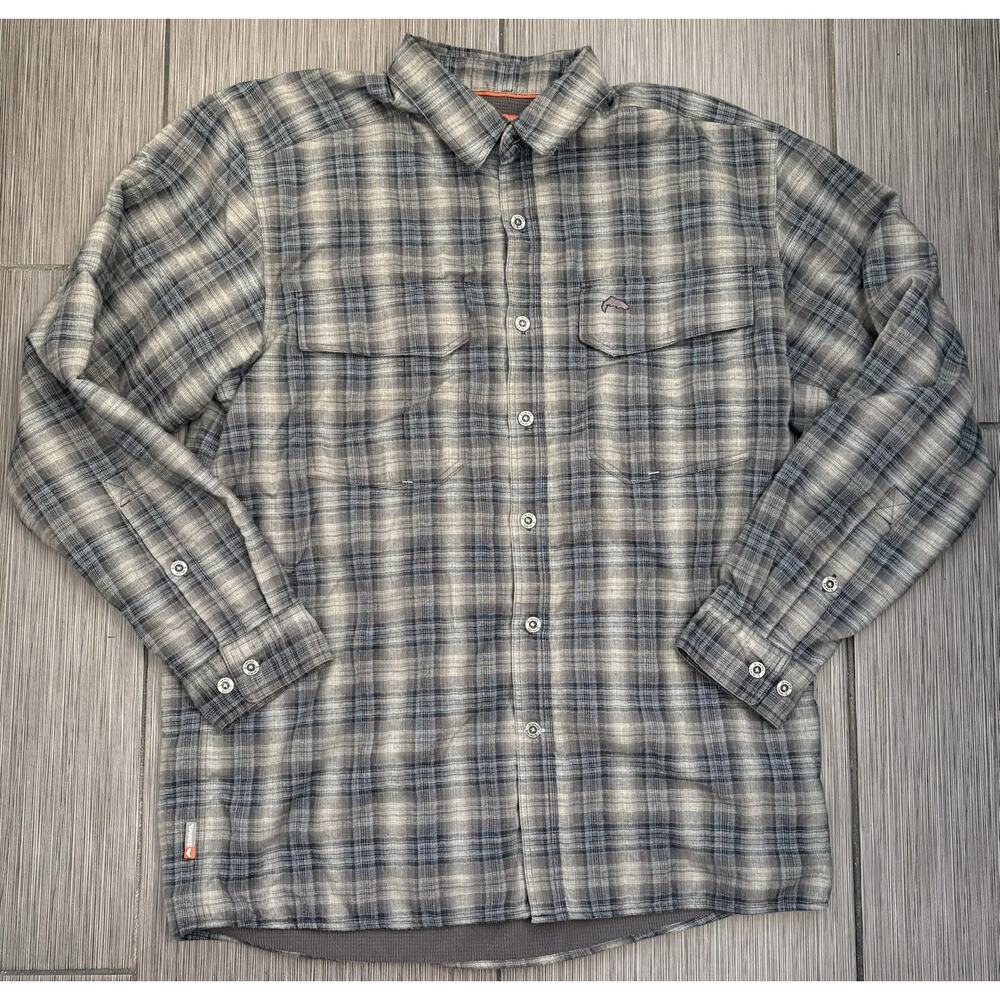 Simms Coldweather Long Sleeve Button Down Shirt Blue Plaid Medium Waffle Line